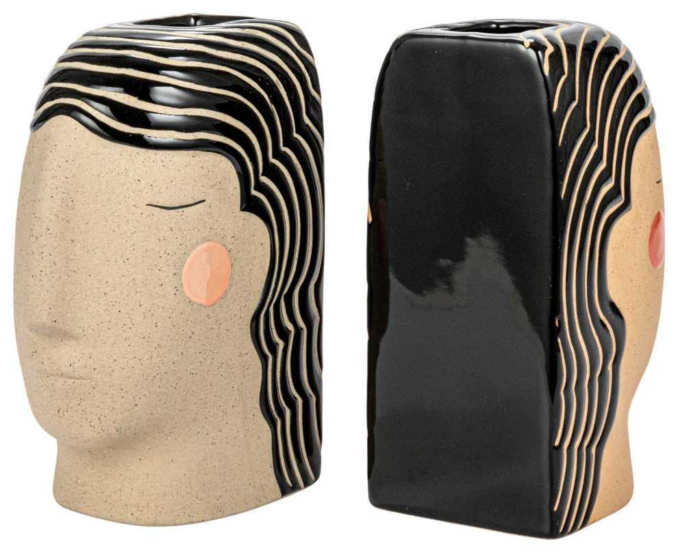 Painted Stoneware Head Vase Bookends, Multicolor, Set of 2
