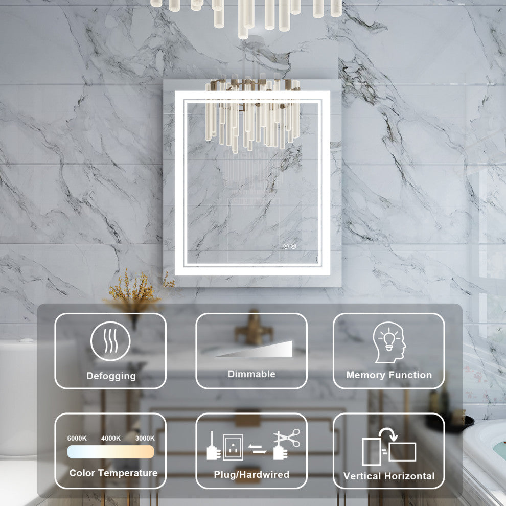 Frameless LED Lighted Bathroom Mirror With Defogger Dimmer, 20"x28"
