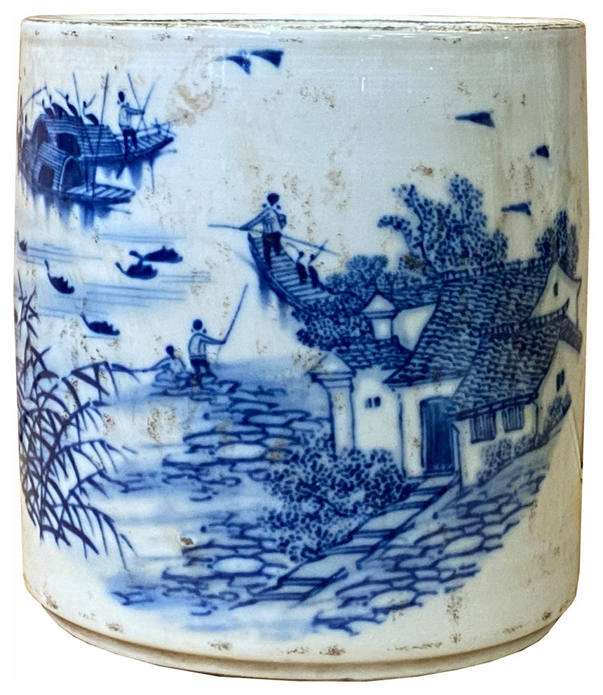 Chinese Distressed White Porcelain Blue Scenery Graphic Holder Vase Hws1844
