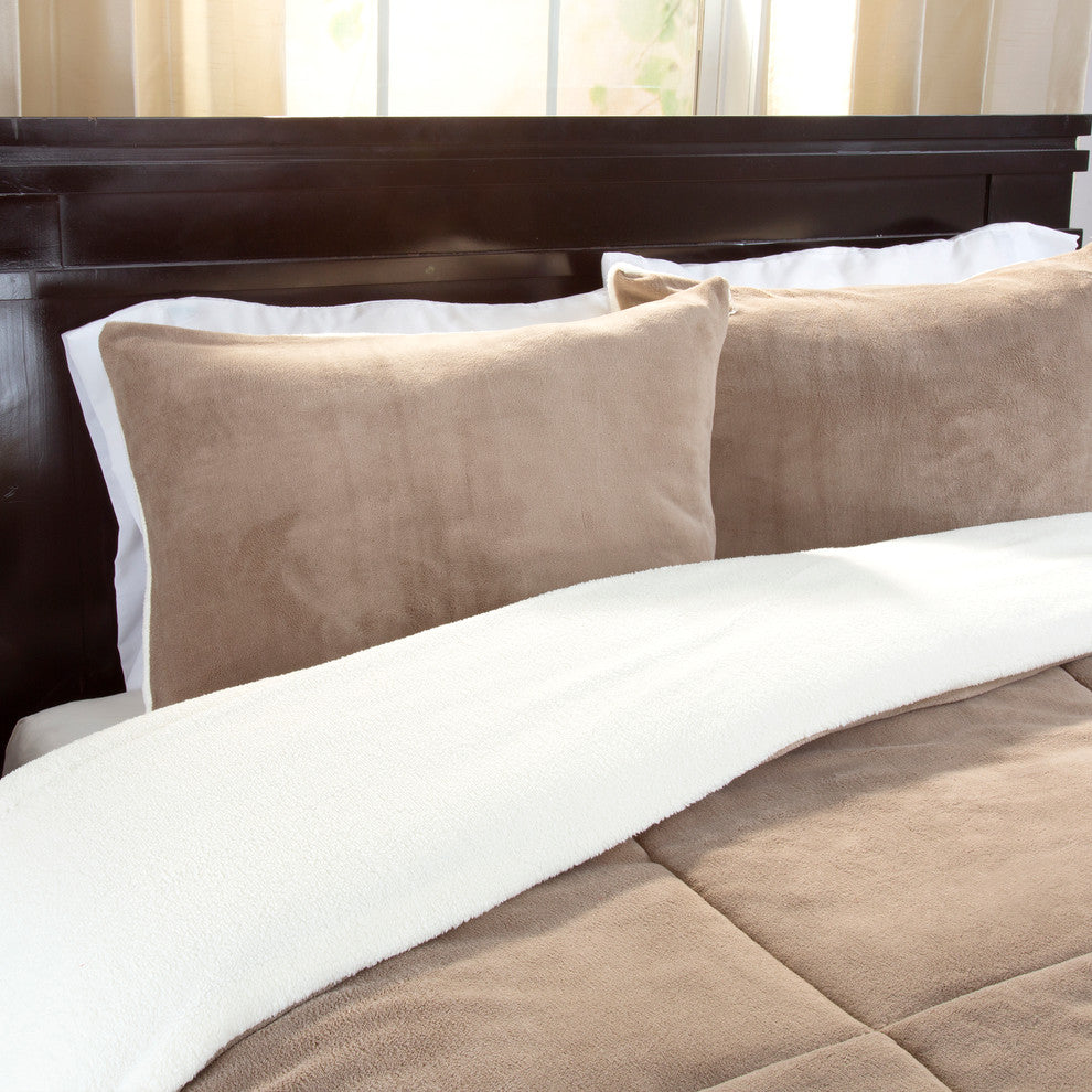 Sherpa/Fleece Comforter Set, Taupe, Full/Queen, 3 Piece