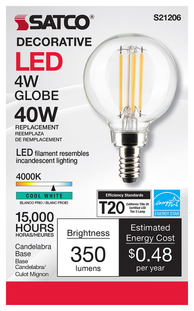 4W G16.5 LED, Clear, Candelabra Base, 90 CRI, 4000K, 120V
