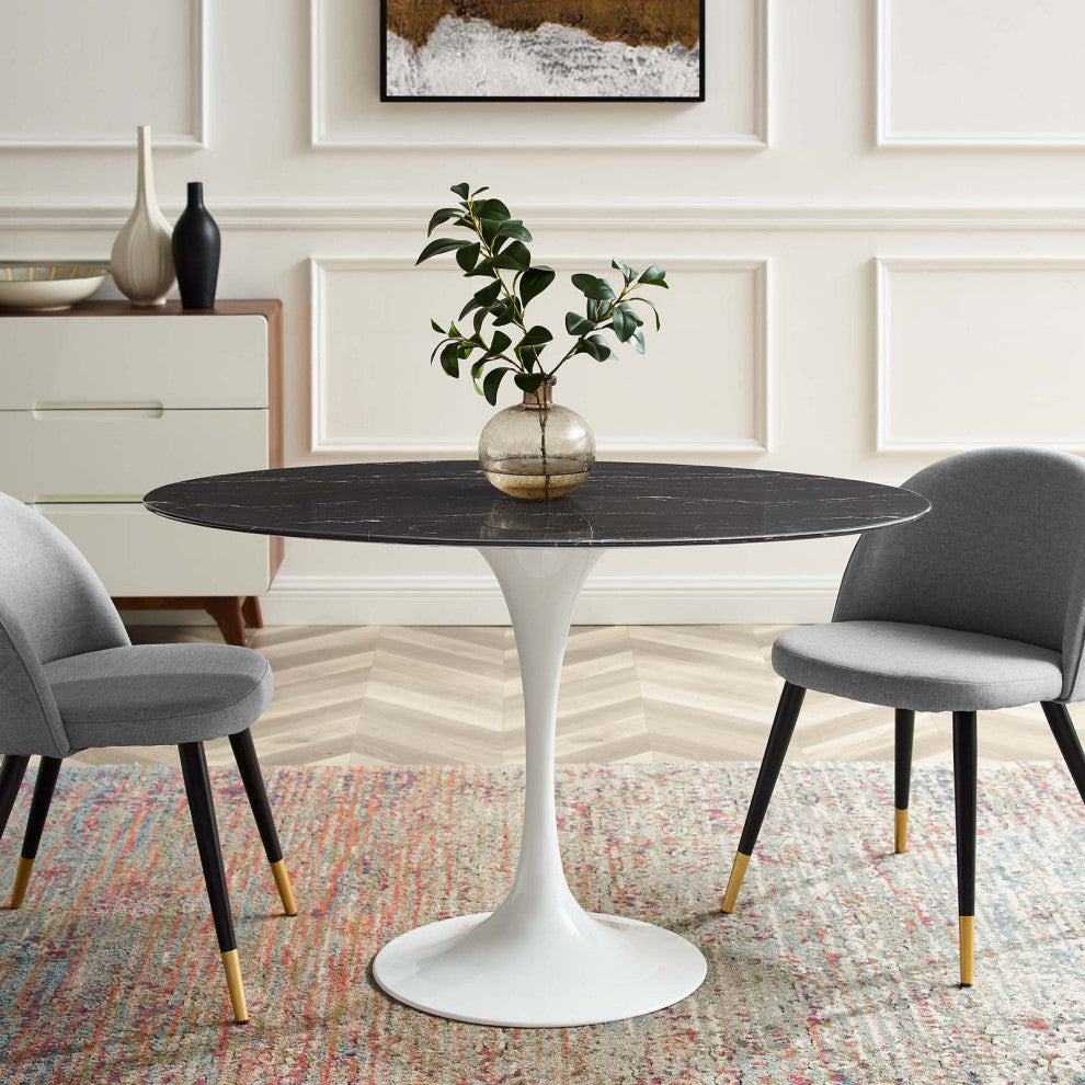 48" Dining Table, Oval, Black White, Artificial Marble, Metal, Modern