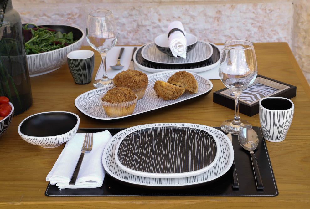 Black and White Dinnerware set, White With Black Lines, Serving Plate (14" X 7.5