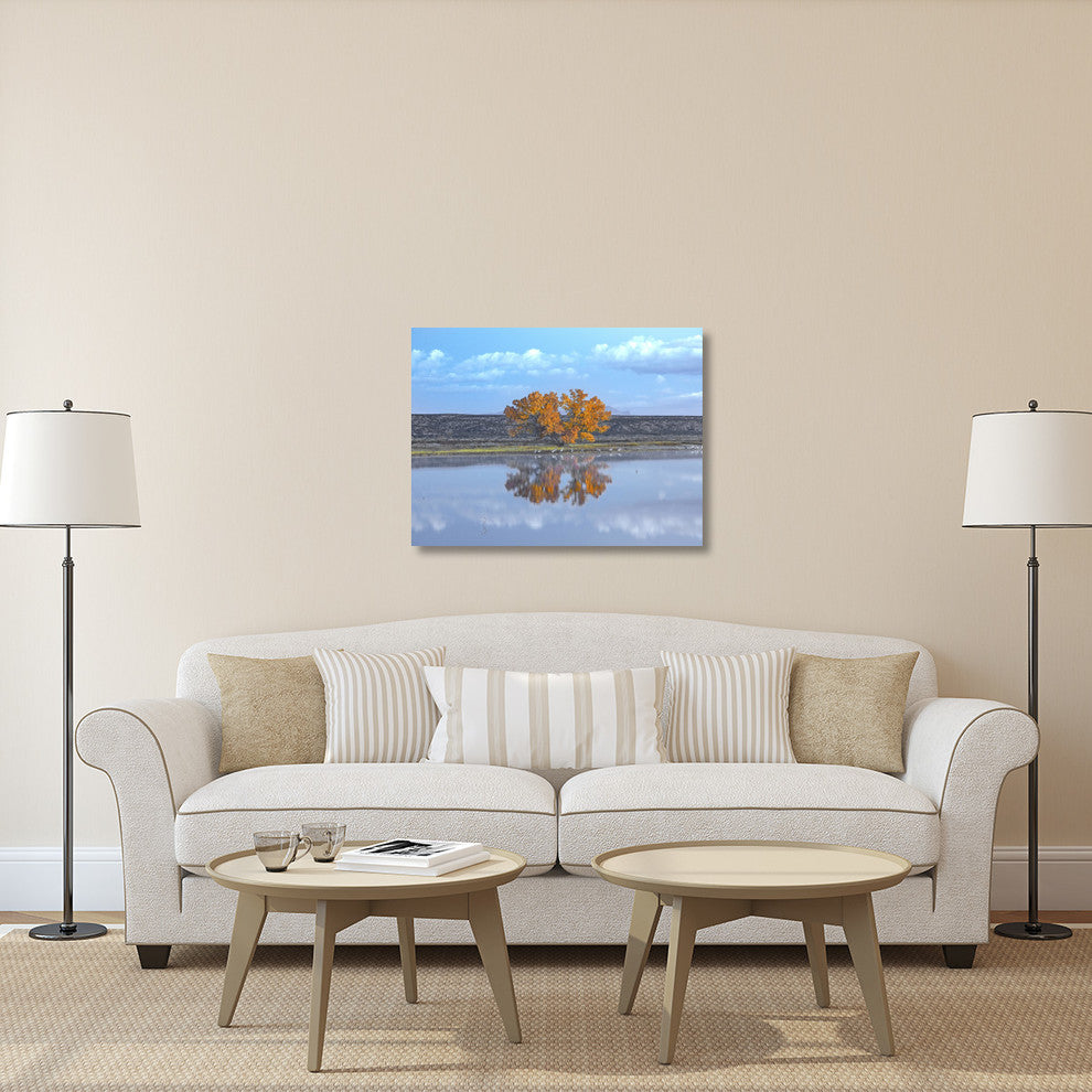 "Cottonwood and Cranes, autumn foliage, New Mexico" Paper Art, 40"x30"
