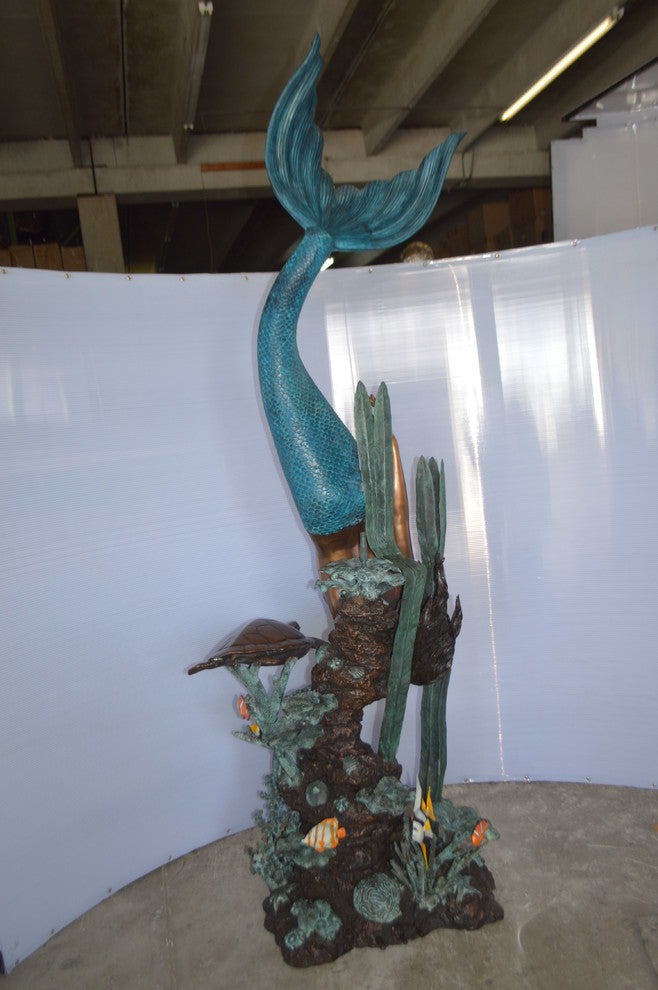 Mermaid Diving for a Pearl Fountain Bronze Statue -  Size: 34"L x 27"W x 93"H.