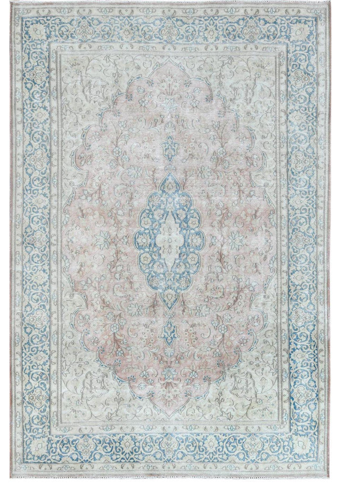 Worn Wool, Hand Knotted, Red, Vintage Persian Kerman Oriental Rug, 7'0" x 10'4"