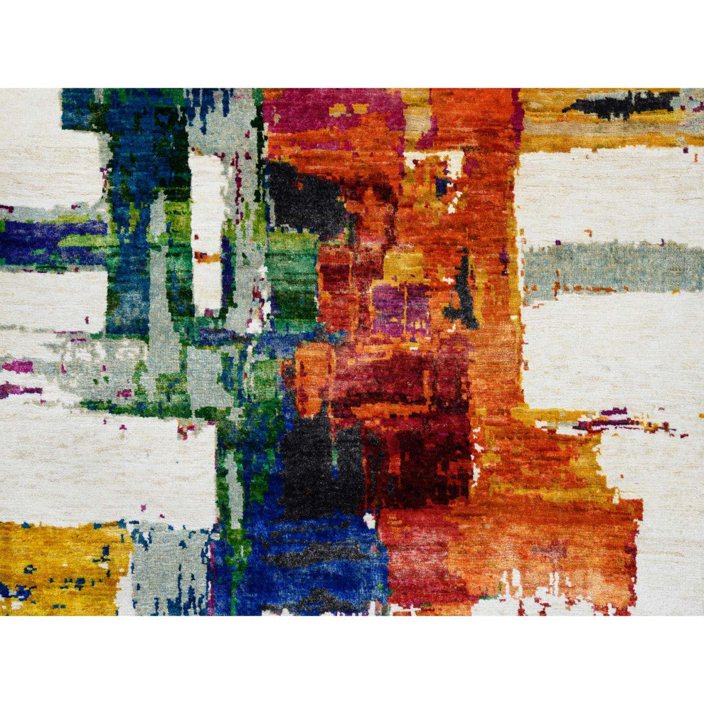 Colorful Modern Abstract Motifs Wool and Sari Silk Hand Knotted Rug, 3'0"x5'0"