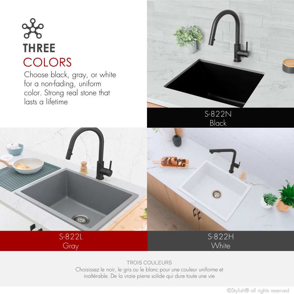 Dual Mount 22" Single-Bowl Black Granite Kitchen Sink with Strainer