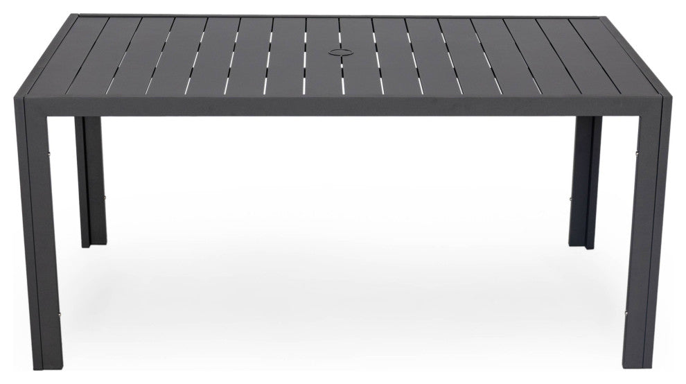 LeisureMod Chelsea Modern 7-Piece Outdoor Dining Set, Black Aluminum, Light Gray