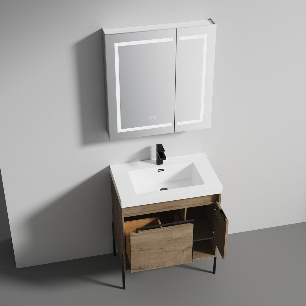 Freestanding Bathroom Vanity Set, Open Shelf, Classic Oak, 30'' With Acrylic Sink