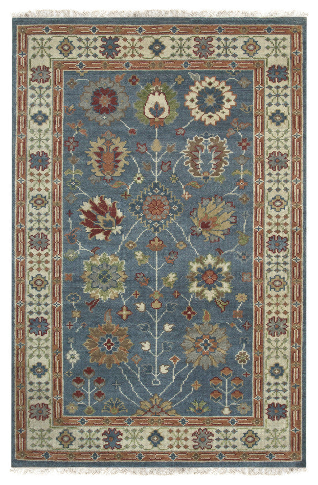 Hand-Knotted Wool Blue/Ivory Traditional All Over Traditional Knot Rug, 10'x14'