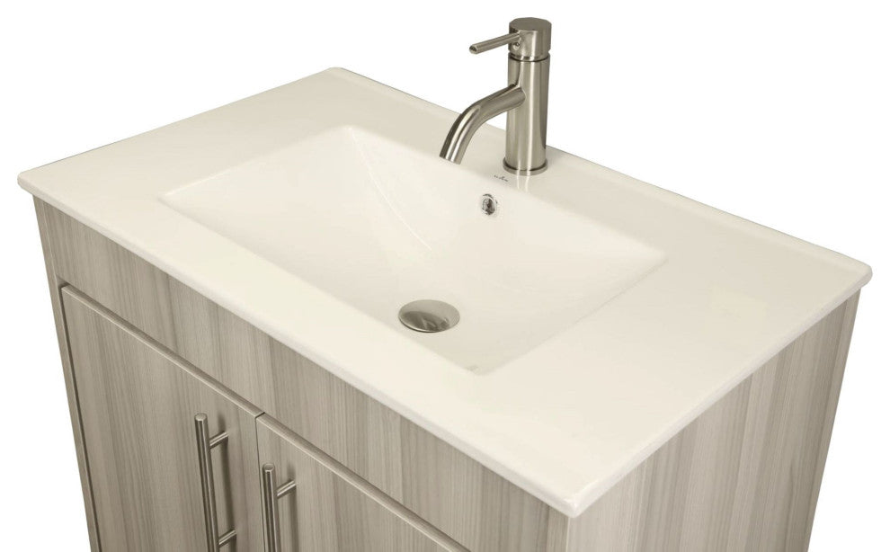 Pacific 30" Vanity With Integrated Ceramic Top and Brushed Nickel Handles, Ash G