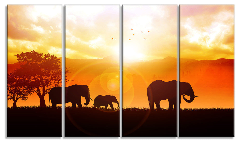 Elephants Walking At Sunset, African Canvas Art Print, 48"x28", 4 Panels