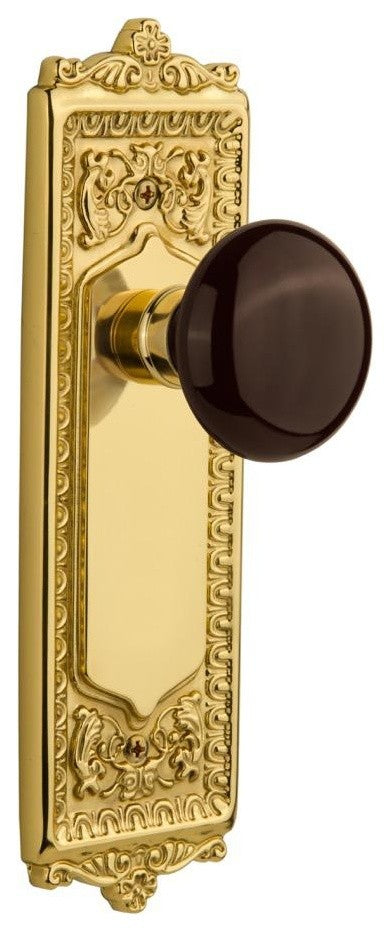 Nostalgic Passage-Egg and Dart Plate-Brown Porcelain Knob-Polished Brass