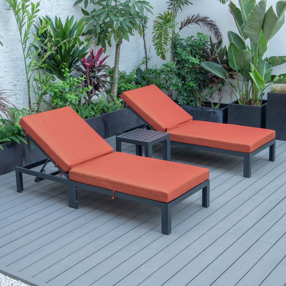 LeisureMod 3-Piece Chelsea Chaise Lounge Chair Set With Side Table, Orange