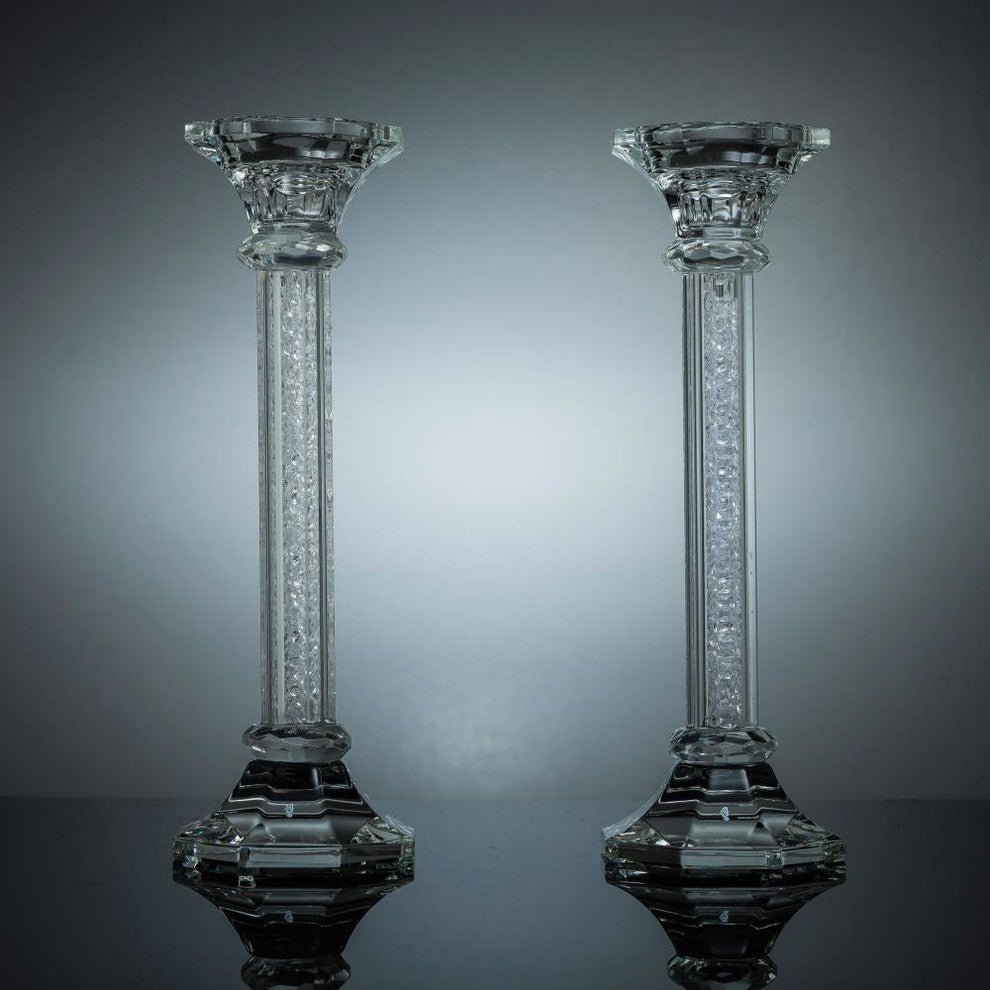 Premium 9" Crystal Candlestick (2-Piece Set) Large  Radiant Gems Inside Stem