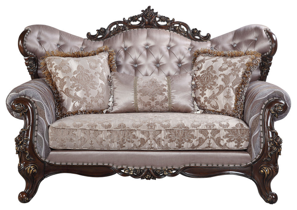 ACME Benbek Loveseat With 3 Pillows, Fabric and Antique Oak Finish