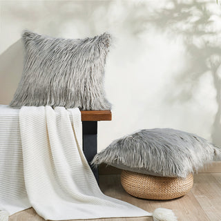 Mongolian Faux Fur Pillow Shell Set, Gray, 20"x20"