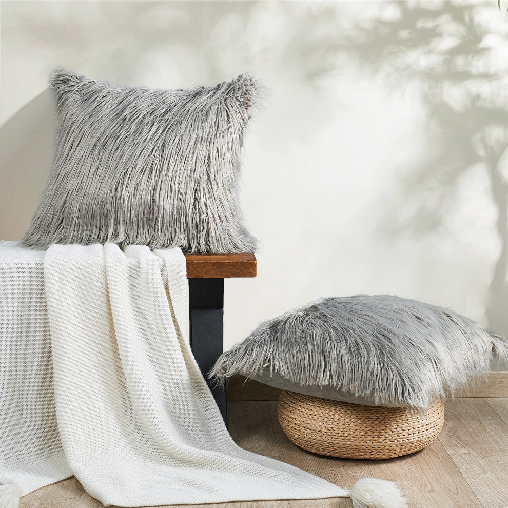 Mongolian Faux Fur Pillow Shell Set, Gray, 20"x20"