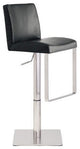 Valencia Leather Adjustable Bar Stool, Satin Stainless Steel Frame, Black
