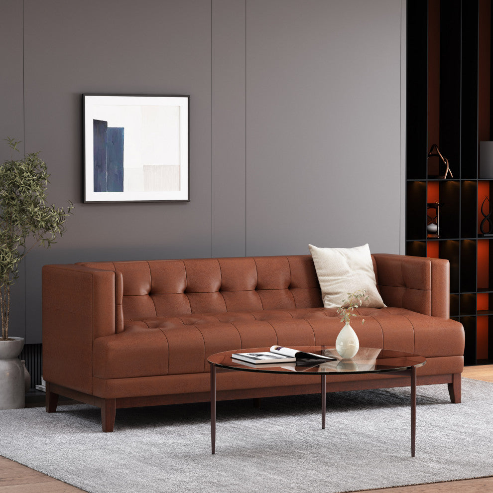 Stefan Mid Century Faux Leather Tufted 3 Seater Sofa, Cognac + Espresso
