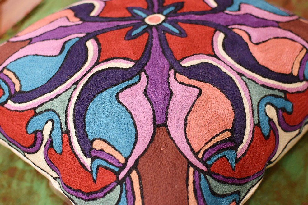 Mosaic Floral Pillow Cover Decorative Stained Glass I Wool Handmade Wool 18x18"