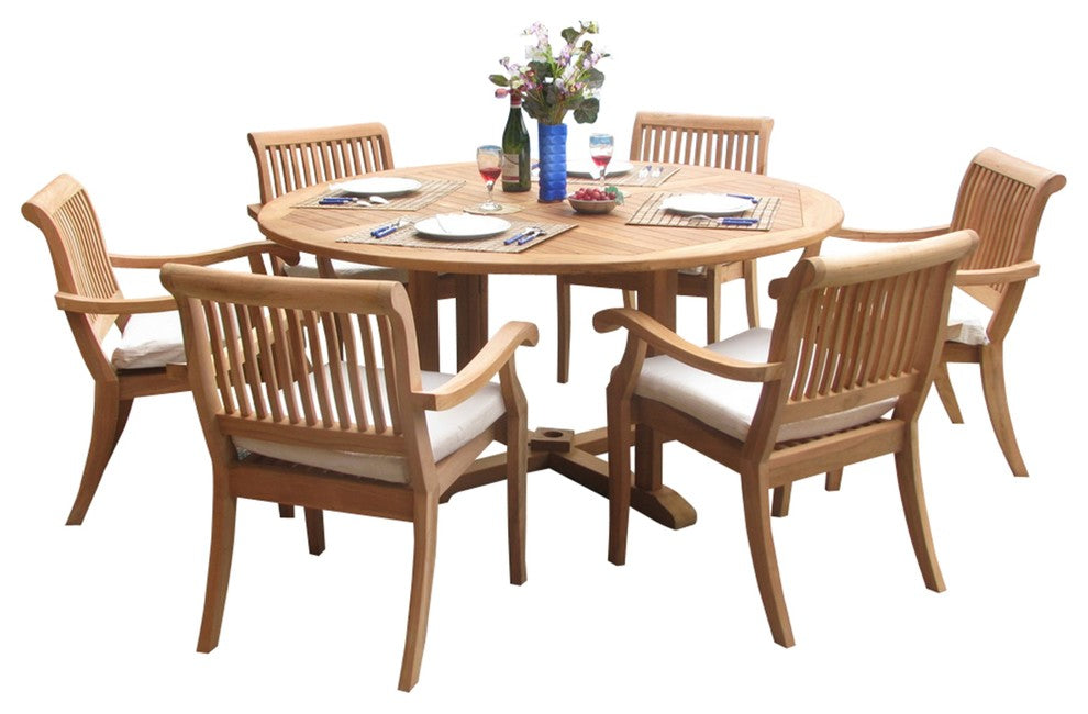 7-Piece Outdoor Teak Dining Set - 60" Round Table + 6 Arbor Stacking Arm Chairs