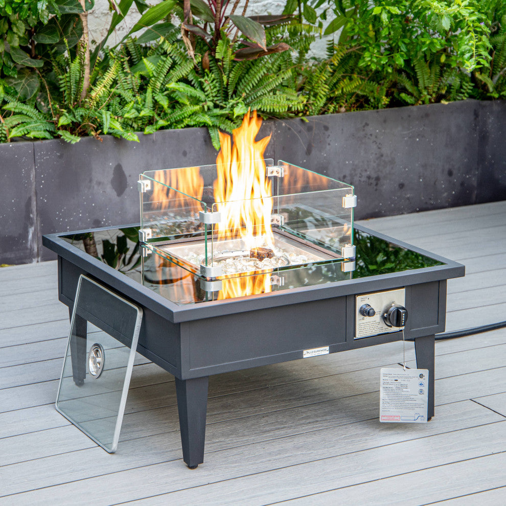 LeisureMod Walbrooke Square Fire Pit Table and Tank Holder, Black