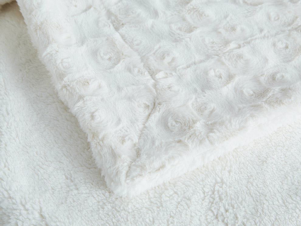 Roses Sherpa Fleece Throw Blanket, White Petal, 90x90