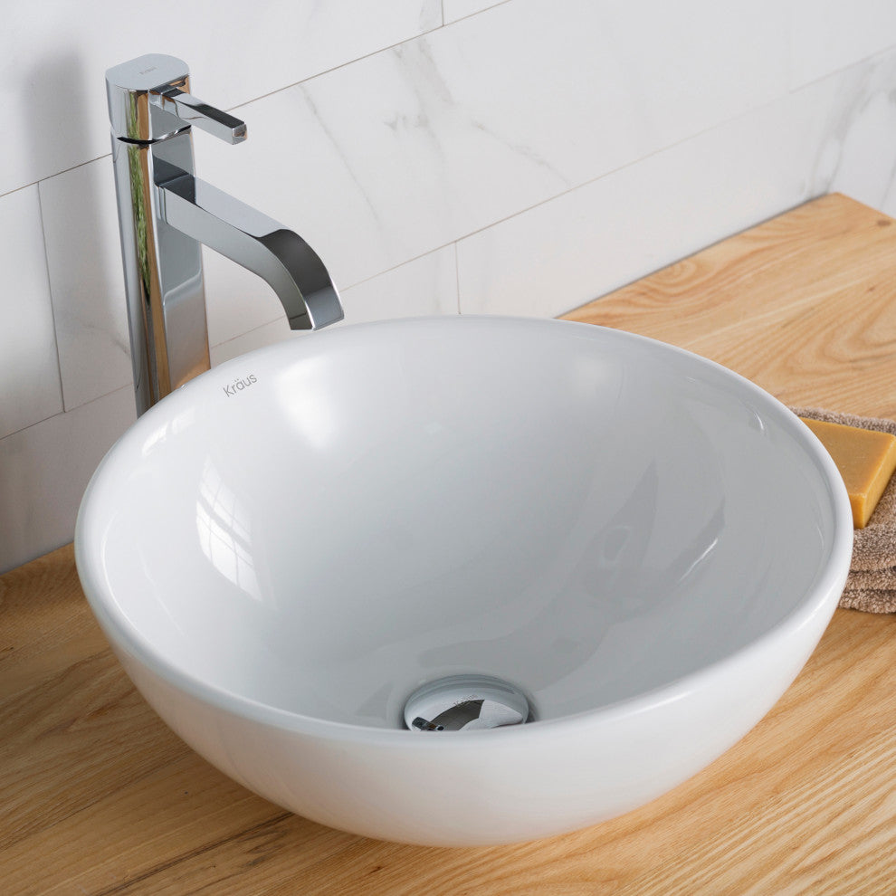 Elavo Round Ceramic Vessel Sink, Bathroom Ramus Faucet, PU Drain, Chrome