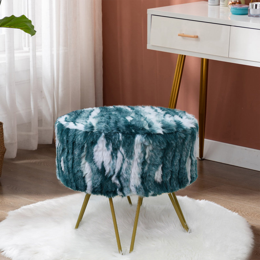 Fauxfur Ottoman Round Fuzzy Entryway Bench, Deep Teal, 18"x18"x18"
