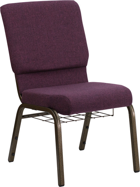 18.5''W Church Chair in Plum Fabric with Cup Book Rack-Gold Vein Frame