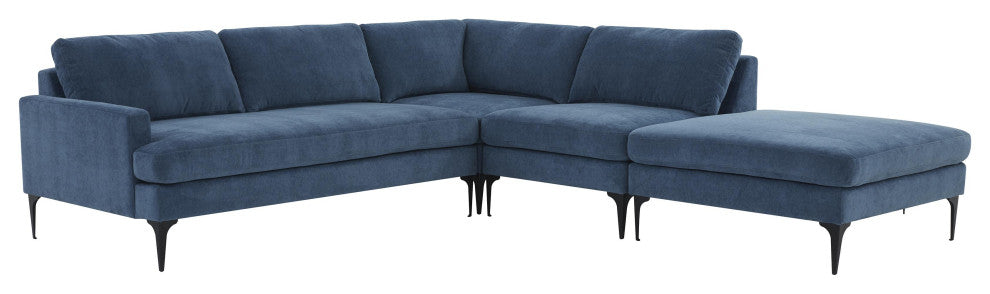 Serena Blue Velvet Large Right Arm Facing Chaise Sectional With Black Legs
