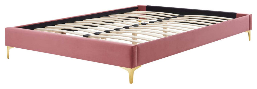 Platform Bed Frame, King Size, Velvet, Pink, Modern Contemporary, Bedroom Master