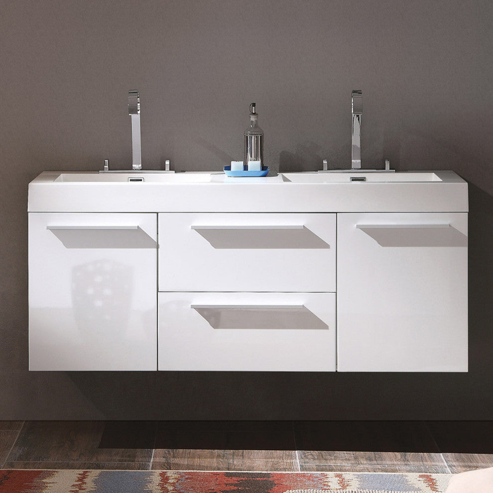 Opulento Double Sink Bathroom Cabinet, Base: White, With Integrated Sink