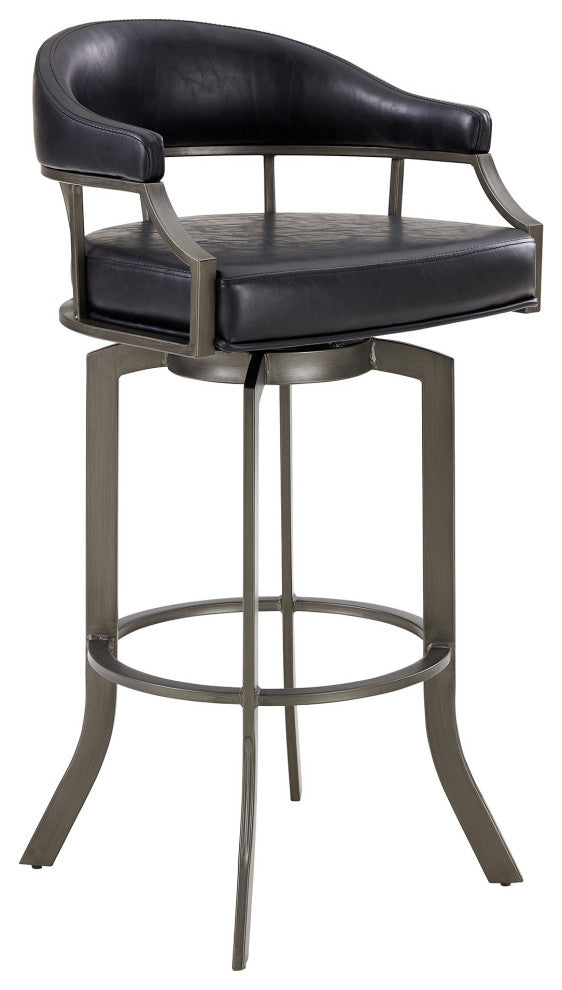 Benzara BM282701 Blake 30" Vegan Leather Bar Stool, Swivel, Metal Legs, Black