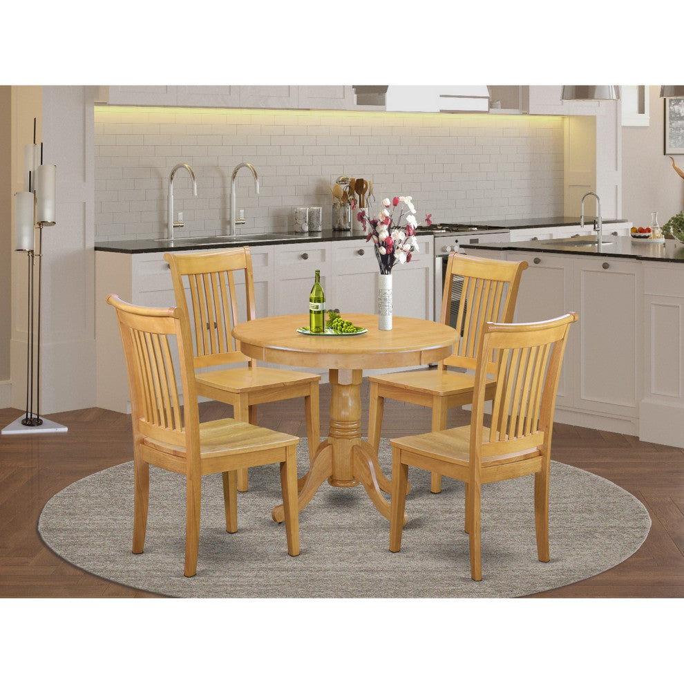 5-Piece Table Set, Dining Table and 4 Wood Seat Chairs, Oak