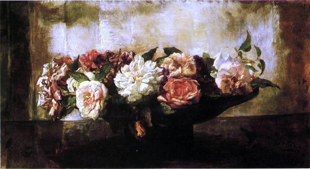 John La Farge Roses in a Shallow Bowl, Gallery Wrapped Canvas Print, 15"x30"