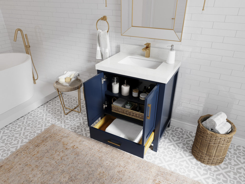 Malibu 30 Single Sink Bath Vanity in Navy Blue 2" Calacatta Nuvo