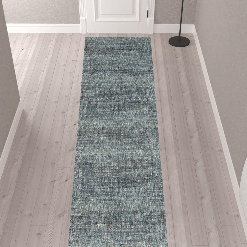 12' Runner Blue Grey Silver and Green Power Loom Runner Rug