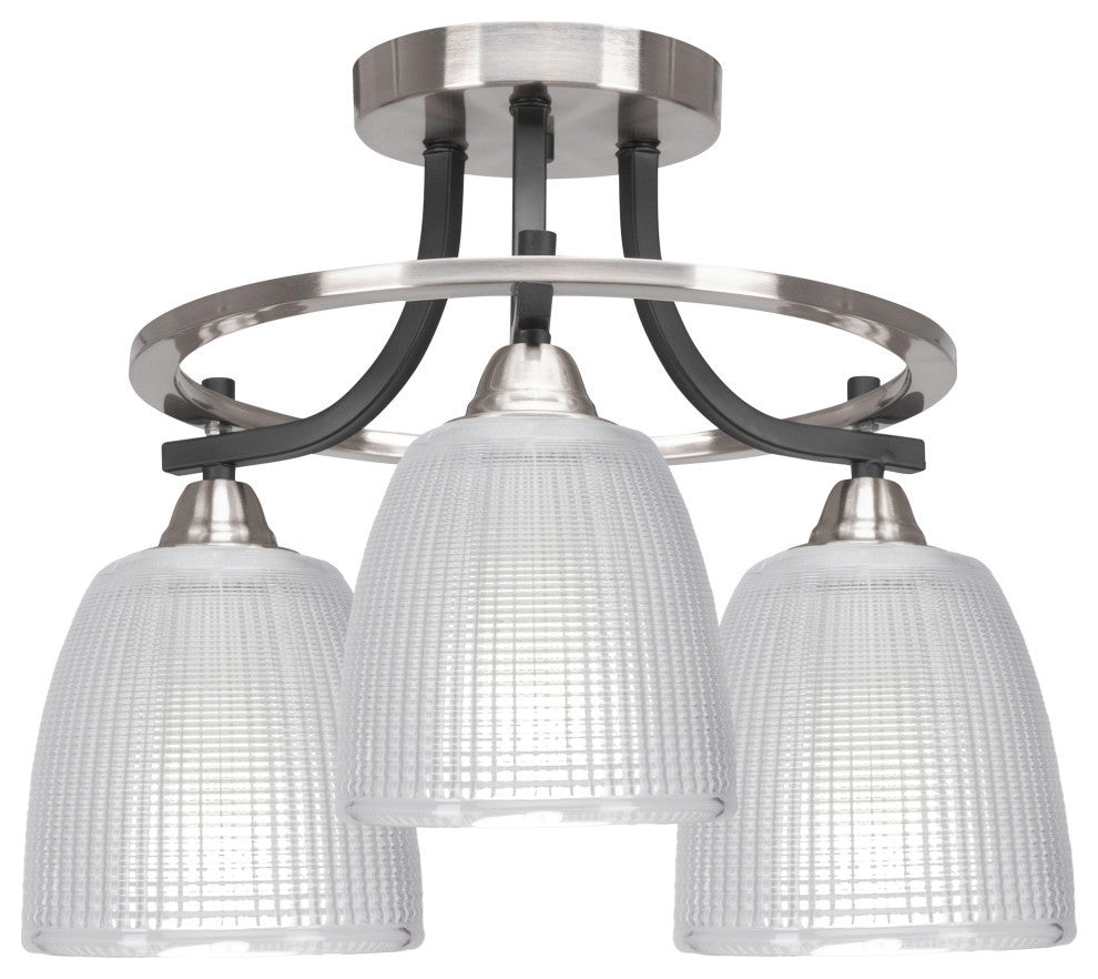 Paramount 3-Light Semi-Flush, Matte Black & Brushed Nickel, 5" Clear Ribbed
