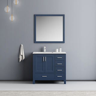 Jacques 36" Vanity, Wht Carrara Marble Top w/ 34" Mirror, Navy Blue, Left
