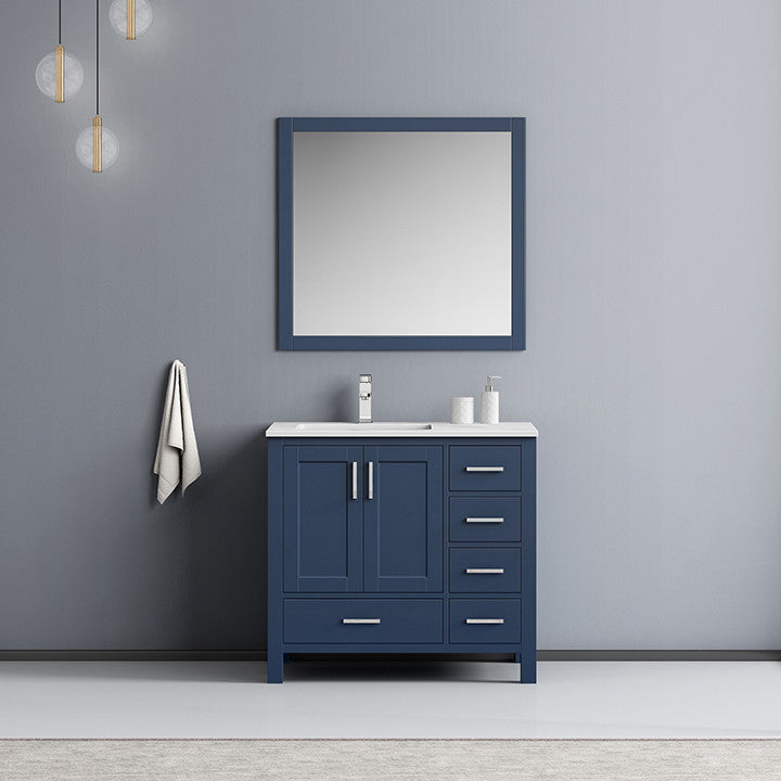 Jacques 36" Vanity, Wht Carrara Marble Top w/ 34" Mirror, Navy Blue, Left