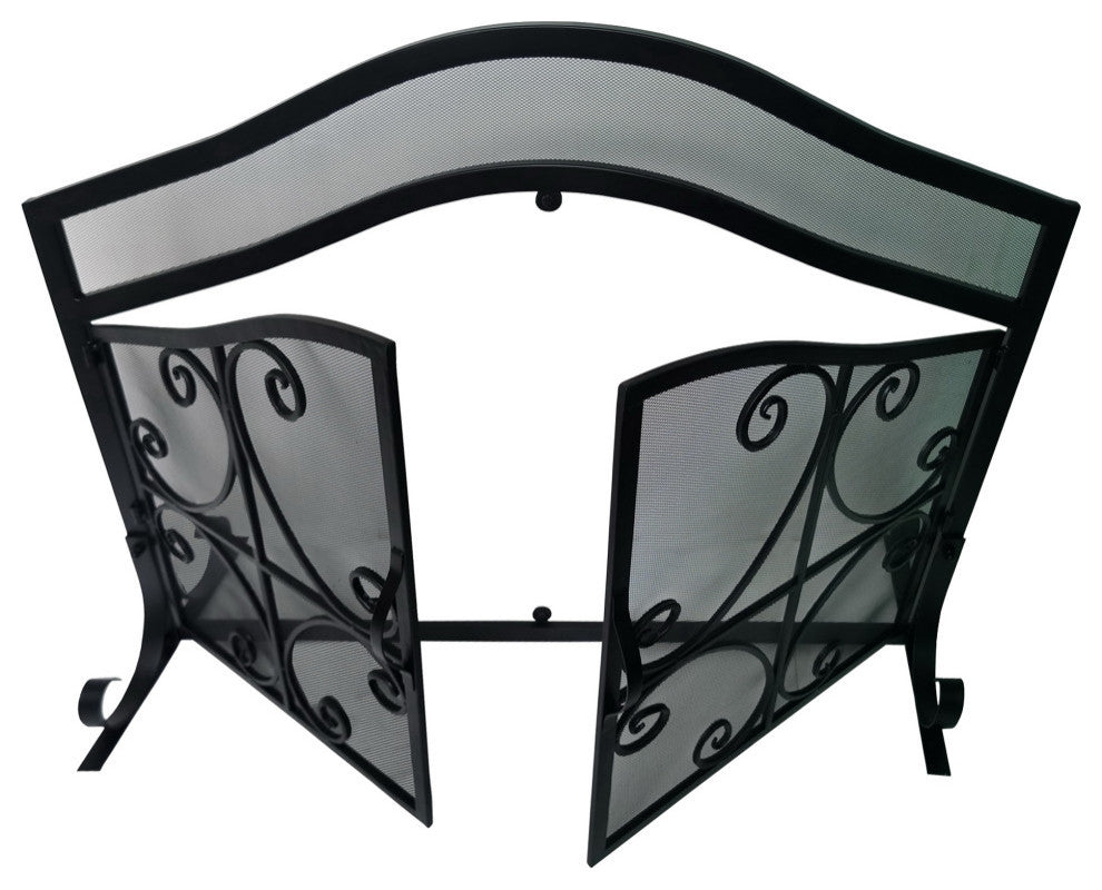 43 Inches 2 Door Iron Fireplace Screen, Mesh Design, Scrollwork, Black