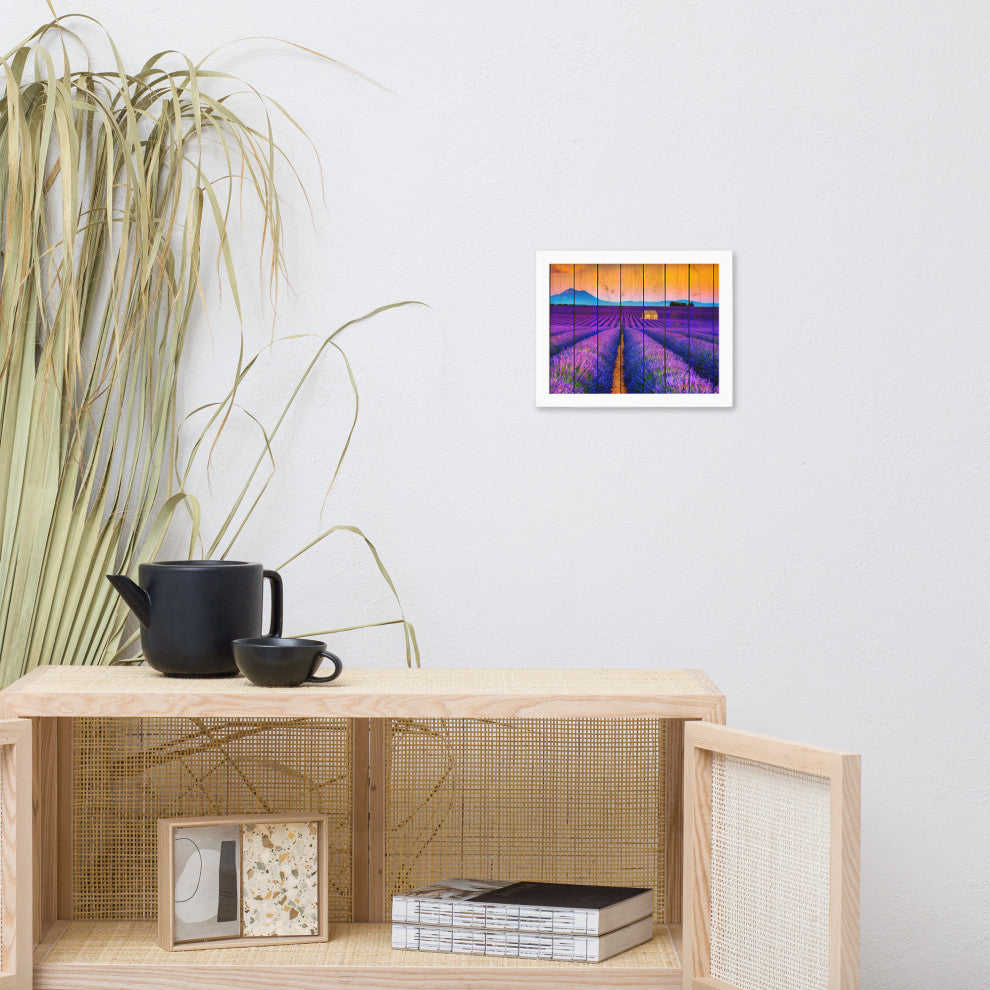 Faux Wood Lavender Fields and Sunset Landscape Framed Photo Paper Wall Art Print, White, 8" X 10"