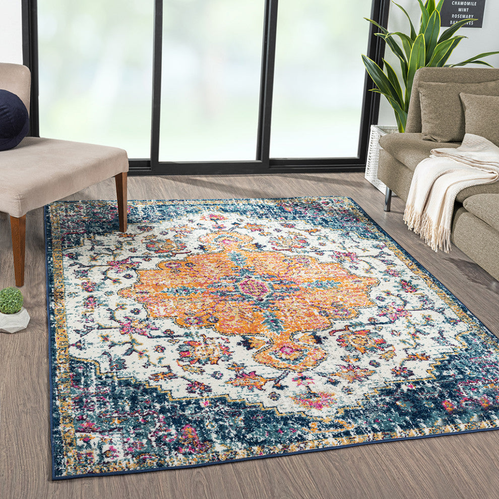 Mateo Blue Orange Boho Medallion Area Rug/Runner, 3' x 8' Runner