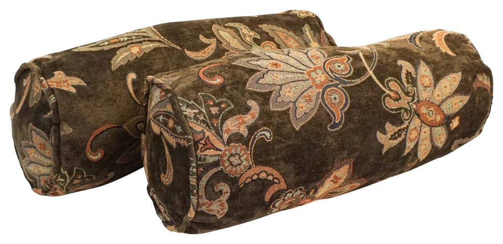 20"X8" Double-Corded Jacquard Chenille Bolster Pillows, Set of 2, Brown Floral
