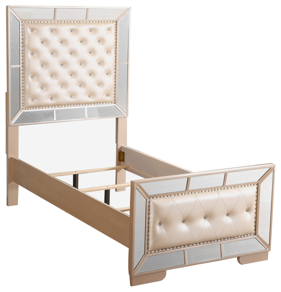 Galera Tufted and Mirrored Bed, Pearl, Twin