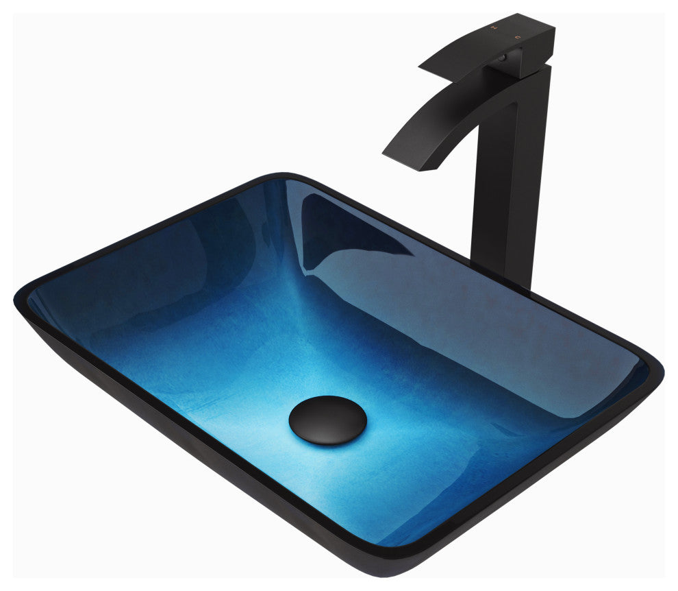 VIGO Turquoise Water Glass Vessel Sink and Duris Faucet Set, Matte Black