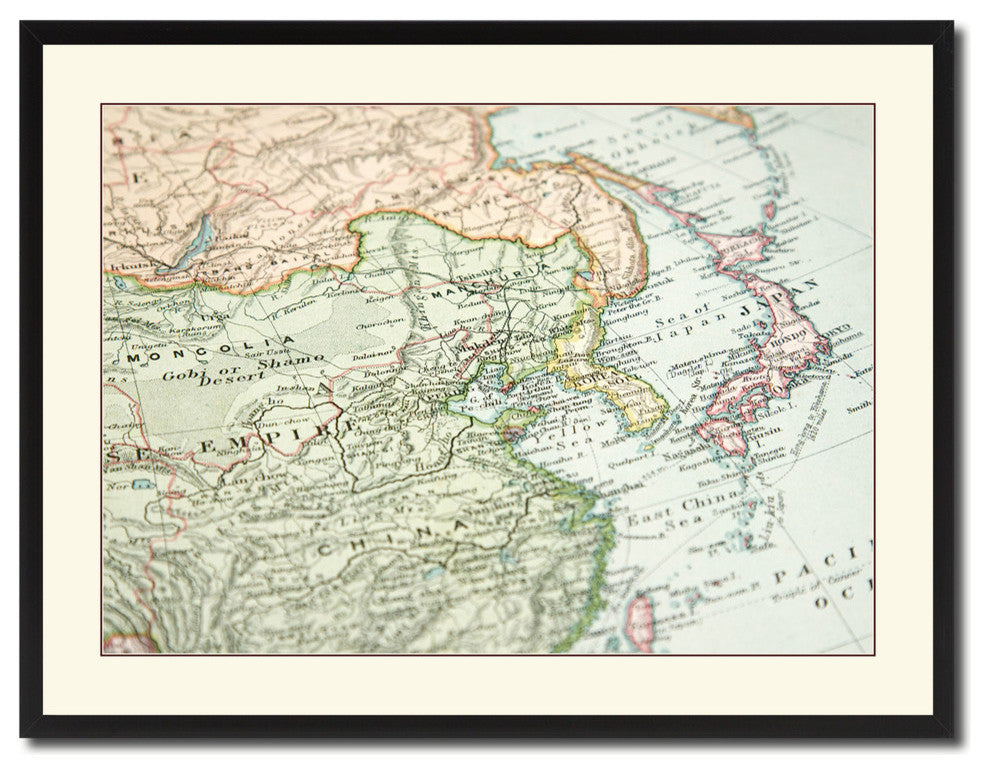 Europe, Asia Vintage Map Print On Canvas With Picture Frame 28" X 37"